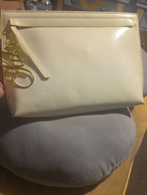 Saks Fifth Avenue Patent Cream Clutch with Gold Saks Charm